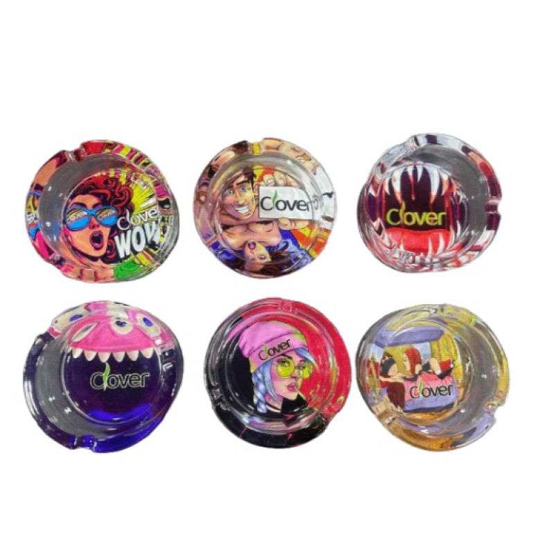 CLOVER GLASS ASHTRAYS ASST. DESIGNS 6CT DISPLAY