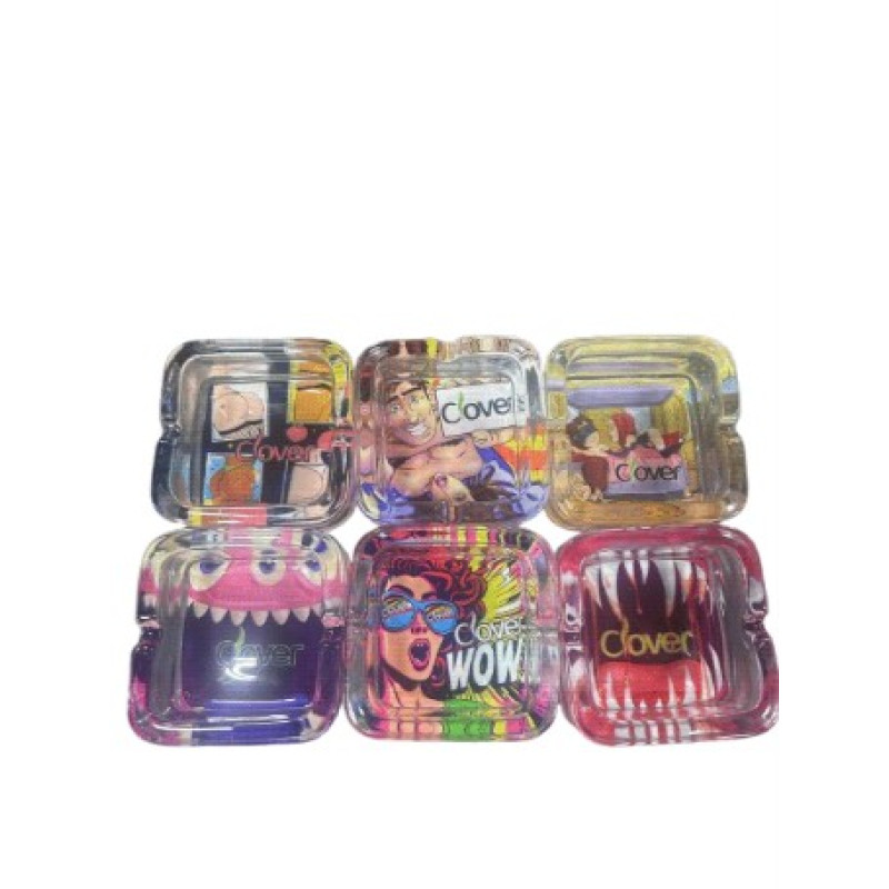 CLOVER GLASS SQUARE ASHTRAYS ASST. DESIGN 6CT DISPLAY